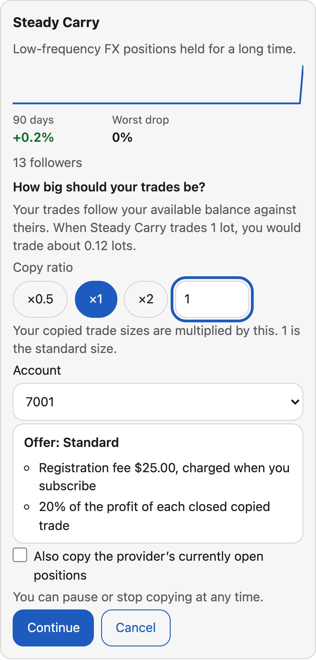 The client's view on a phone: a provider card with its track record and, before subscribing, what the copy ratio means in lots and the offer's fees in plain words.