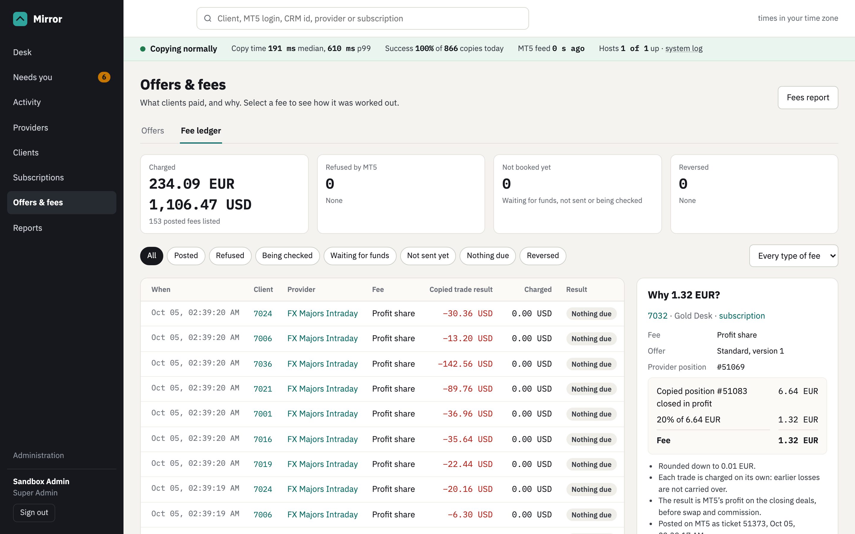 The fee ledger: profit shares per closed copy, with the calculation of the selected fee and its MT5 ticket.